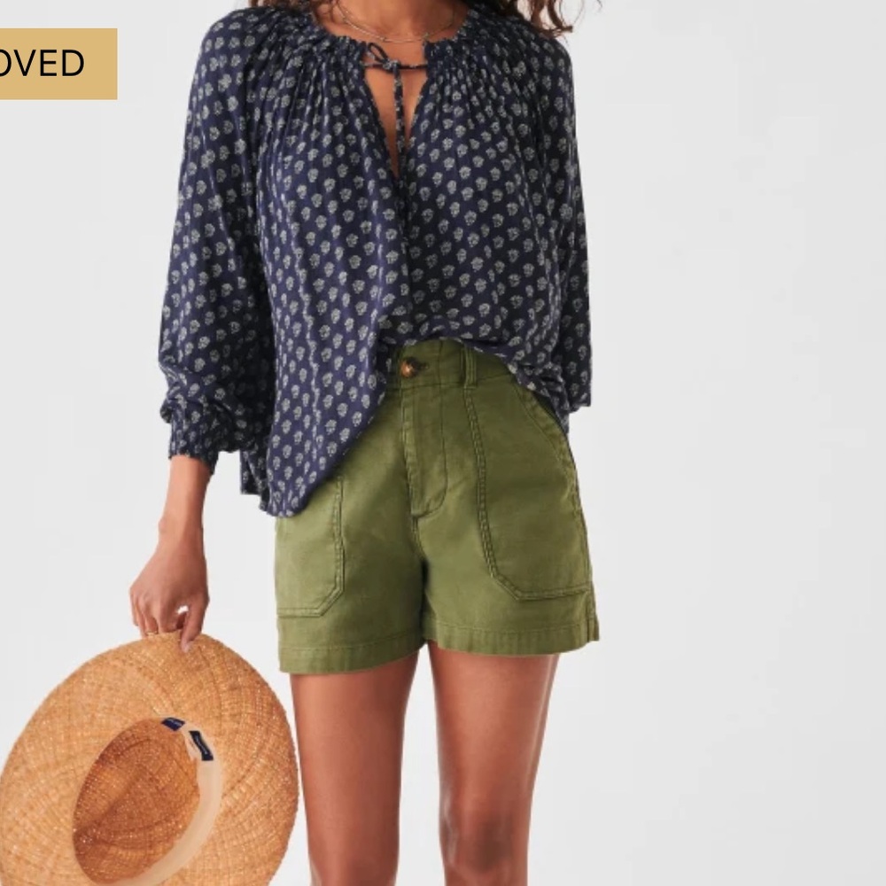 Faherty Navy Blue Emery Lotus Patterned Blouse